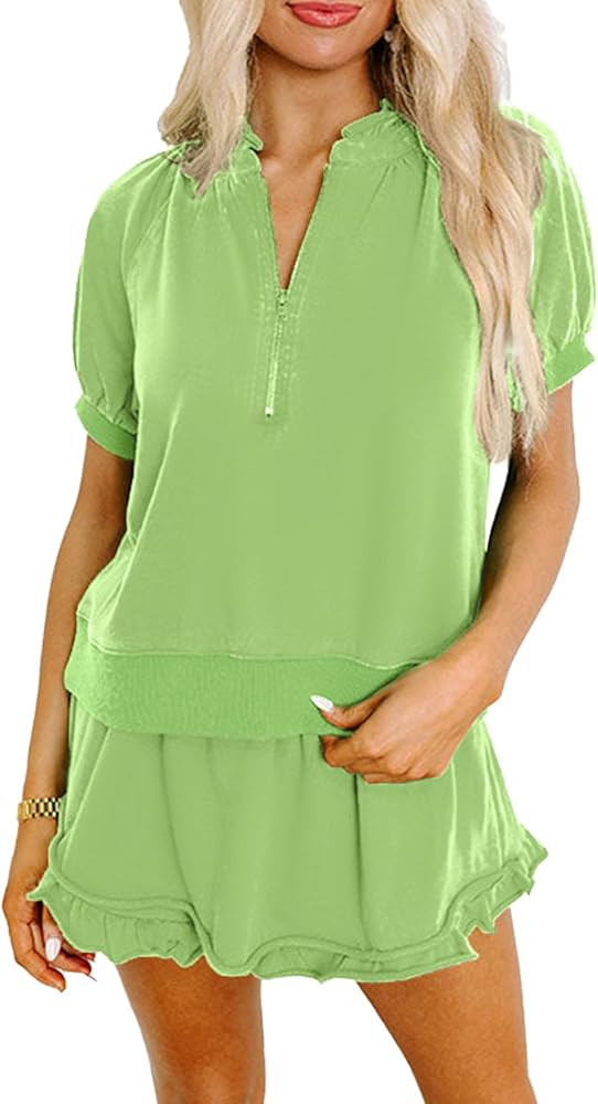 KevaMolly Women's 2 Piece Lounge Sets Casual Short Sleeve Outfits Half Zip Puff Sleeve Top and Ru... | Amazon (US)