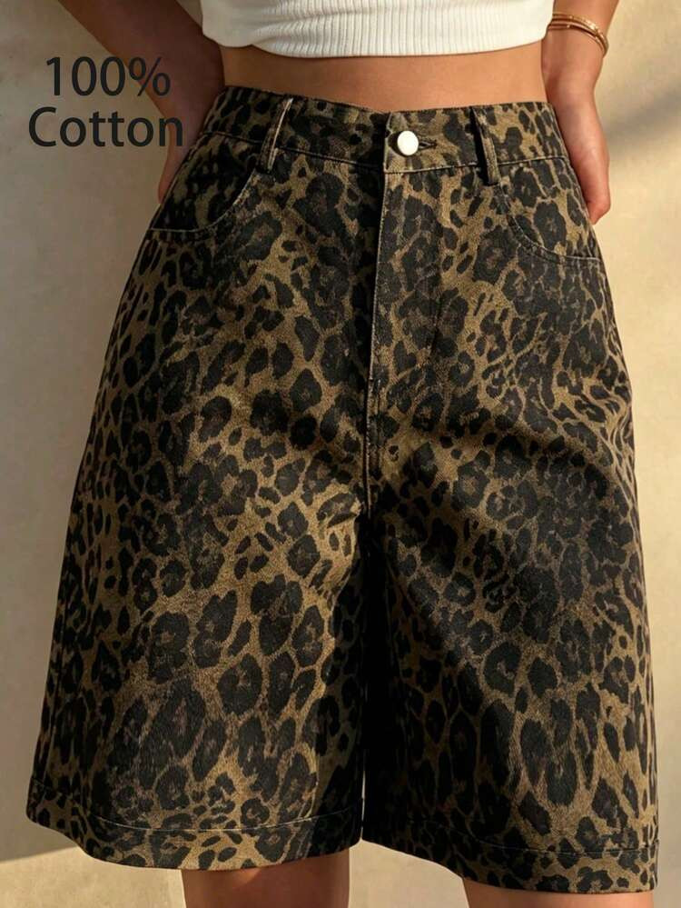 Women's 100% Pure Cotton High Waist Leopard Print Denim Bermuda Shorts, Rolled Hem Wide Leg Denim... | SHEIN