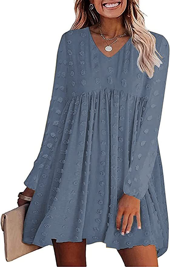 KIRUNDO 2023 Spring Summer Women's Dresses Long Sleeve Short Mini Dress V Neck Flowy Casual Swiss... | Amazon (US)