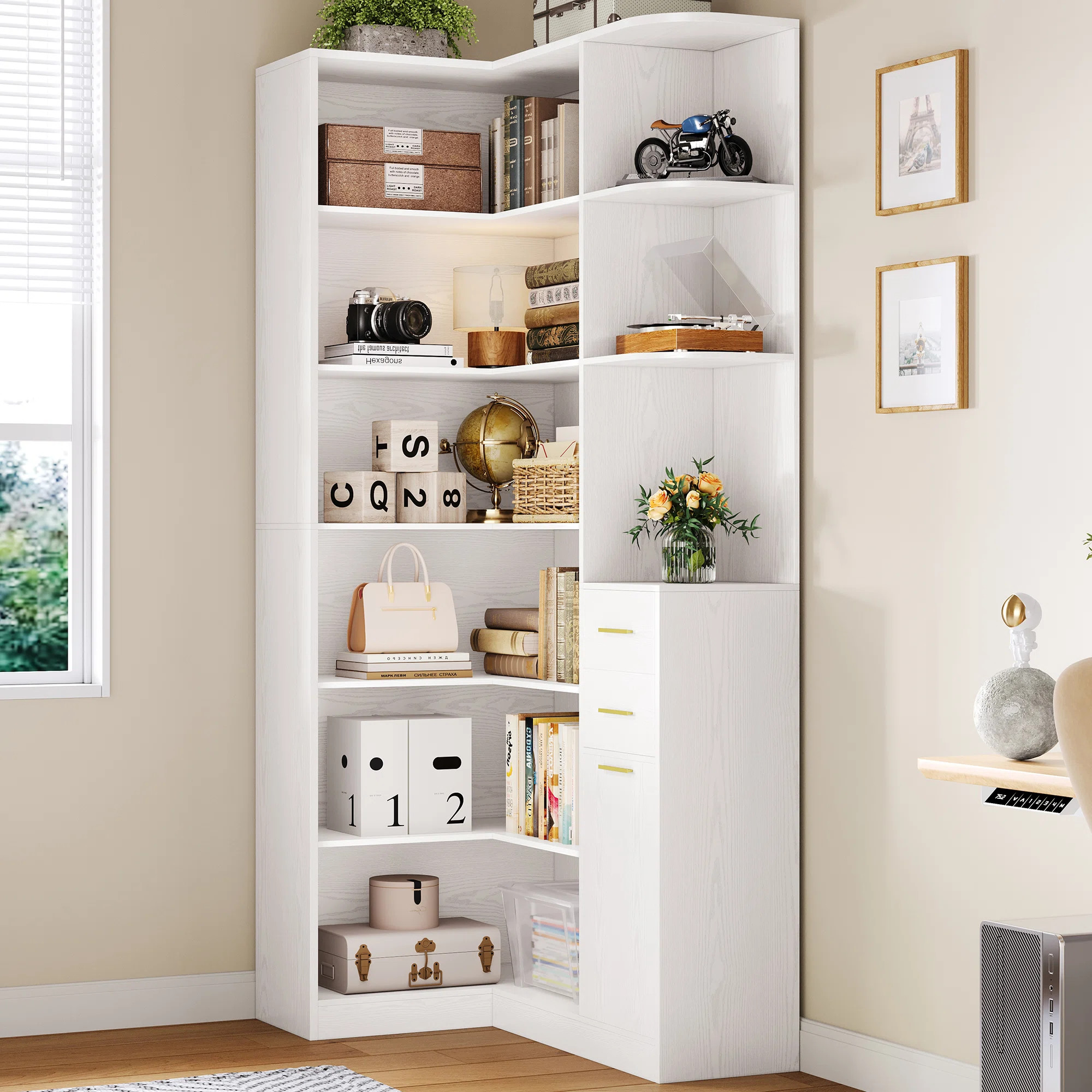 33" W X 76" H Corner Bookshelf With 2 Drawers, 7 Tiers L-Shaped Bookcase With 10 Open Storage Spa... | Wayfair North America