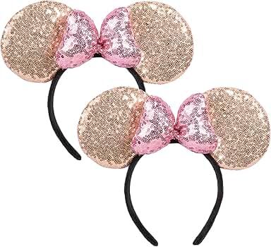 CHuangQi Mouse Ears Shiny Headband with 3D Bow Pack of 2, Double-sided Sequin Hair Band for Birth... | Amazon (US)