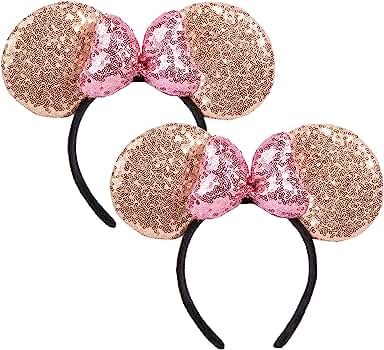 CHuangQi Mouse Ears Shiny Headband with 3D Bow Pack of 2, Double-sided Sequin Hair Band for Birth... | Amazon (US)