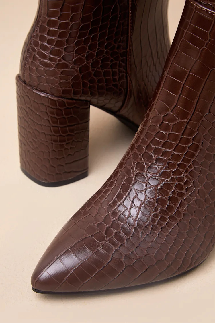 Katari Espresso Croc-Embossed Pointed-Toe Knee High Boots | Lulus