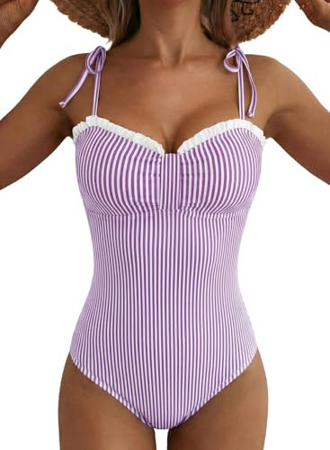 Herseas Womens Ruched Cute Slimming One Piece Bathing Suit Purple Stripe XL | Amazon (US)