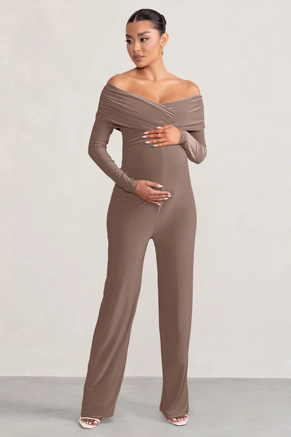 Nuala | Mocha Bardot Maternity Jumpsuit with Long Sleeves | Club L London