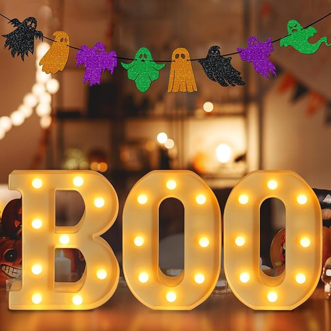 Halloween Decorations Indoor - Led Marquee Light up Letters “Boo” Lights + Ghost Banner for H... | Amazon (US)