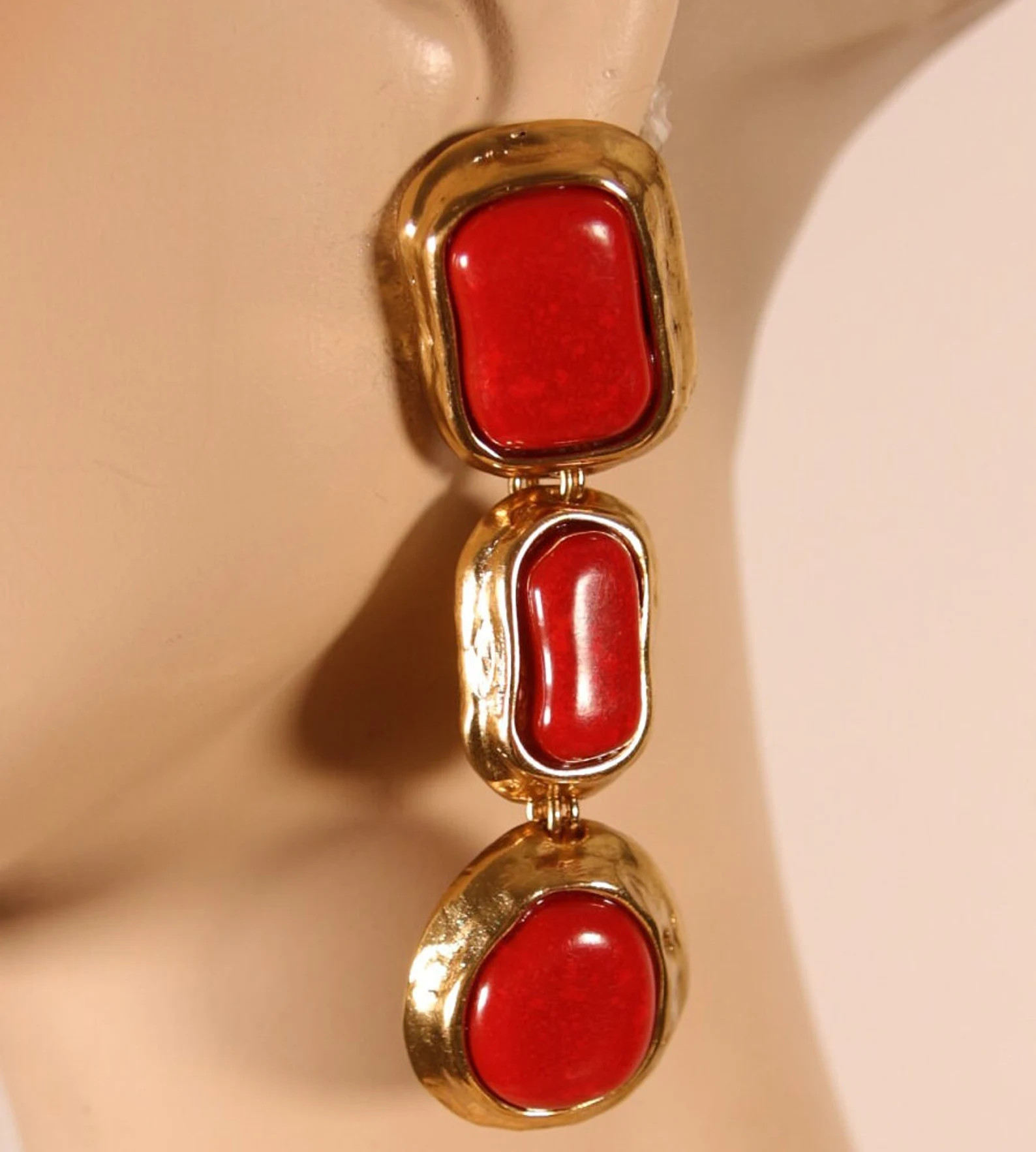 Yves Saint Laurent - jewelry/earrings/clips - gold-tone metal, red resin - vintage 1980s | Etsy (US)