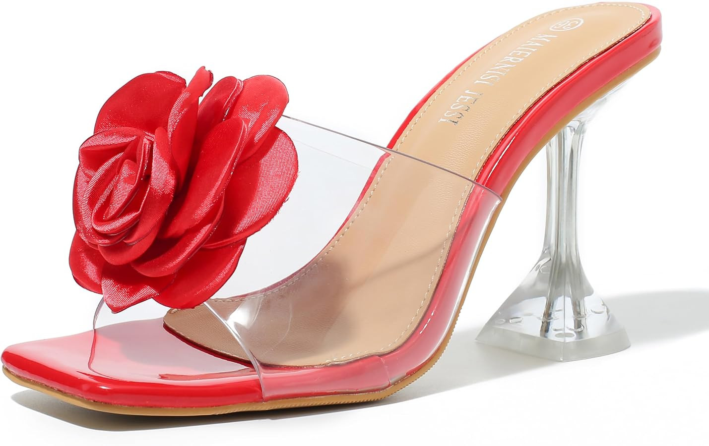 MAIERNISI JESSI Women's Flower Clear Heeled Mules, Transparent Strap, Square Open Toe, Slip on, B... | Amazon (US)