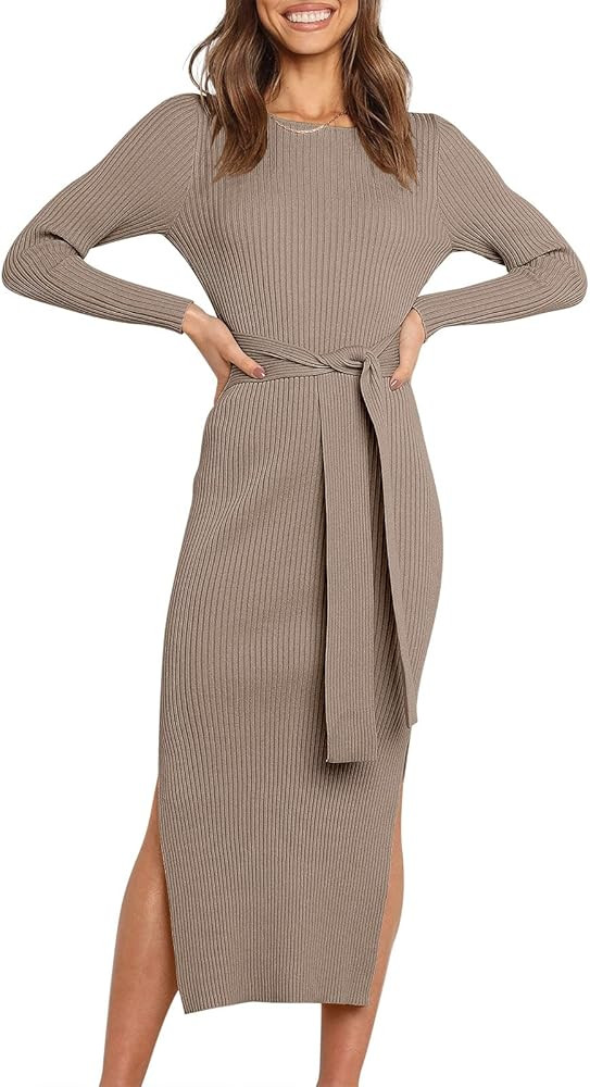 Caracilia Women's Crew Neck Long Sleeve Midi Sweater Dress Elegant Side Slit Bodycon Dress with B... | Amazon (US)