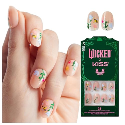 WICKED X KISS Press On Nails, ‘There's Joy’, Neutral, Short Oval, Waterproof, Chip Proof, Smudge Proof, 28 Fake Nails, Pink Gel Nail Glue (2g), Mini Nail File, & Manicure Stick | Amazon (US)