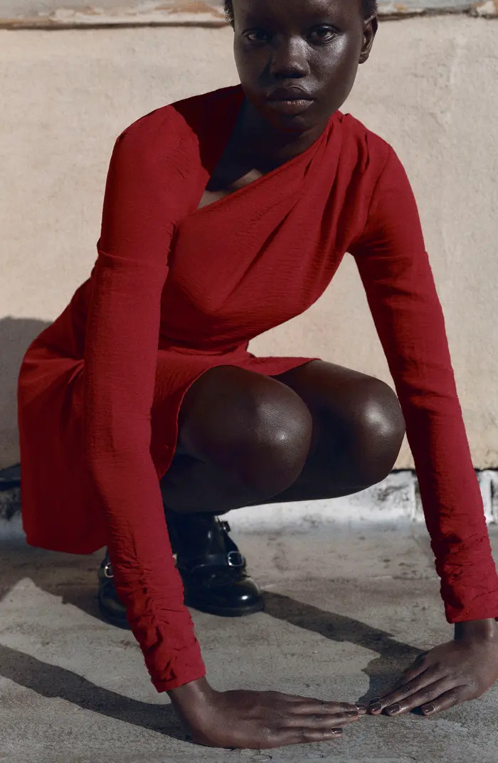 MANGO Blush Asymmetric Neck Long Sleeve Dress | Nordstrom | Nordstrom