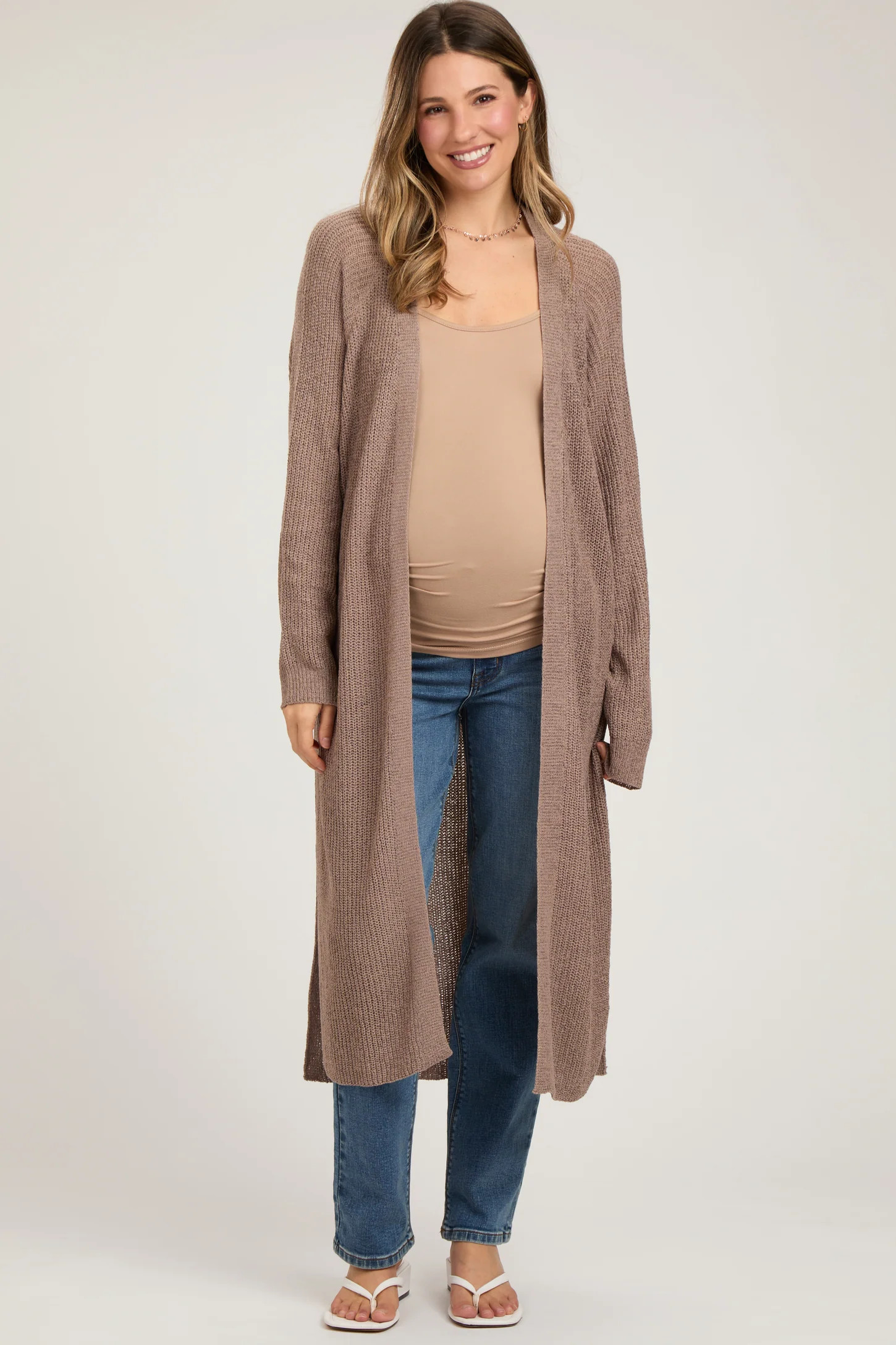 Mocha Knit Side Slit Long Maternity Cardigan | PinkBlush Maternity