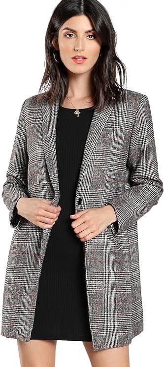 SheIn Women's Lapel Collar Coat Long Sleeve Plaid Blazer Outerwear | Amazon (CA)