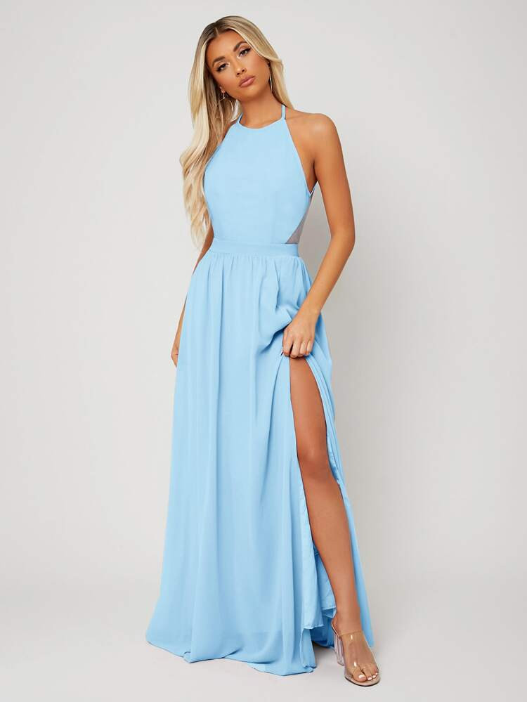 SHEIN Belle Backless Halter Neck Slit Thigh Prom Dress | SHEIN