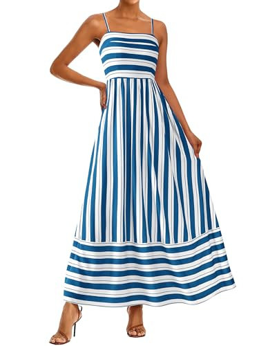 PRETTYGARDEN Women Summer Maxi Dresses 2026 Spaghetti Strap Boho Floral Striped Wedding Guest Beach Vacation Flowy Long Dress(Striped White Blue,XX-Large) | Amazon (US)