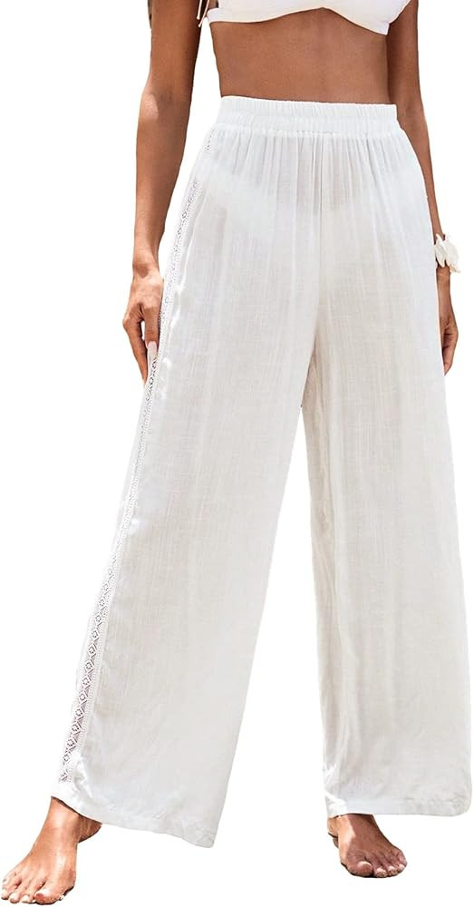 MakeMeChic Women's Bikini Swimsuit Cover Up Contrast Lace Sheer Wide Leg Cover Up Beach Pants | Amazon (US)