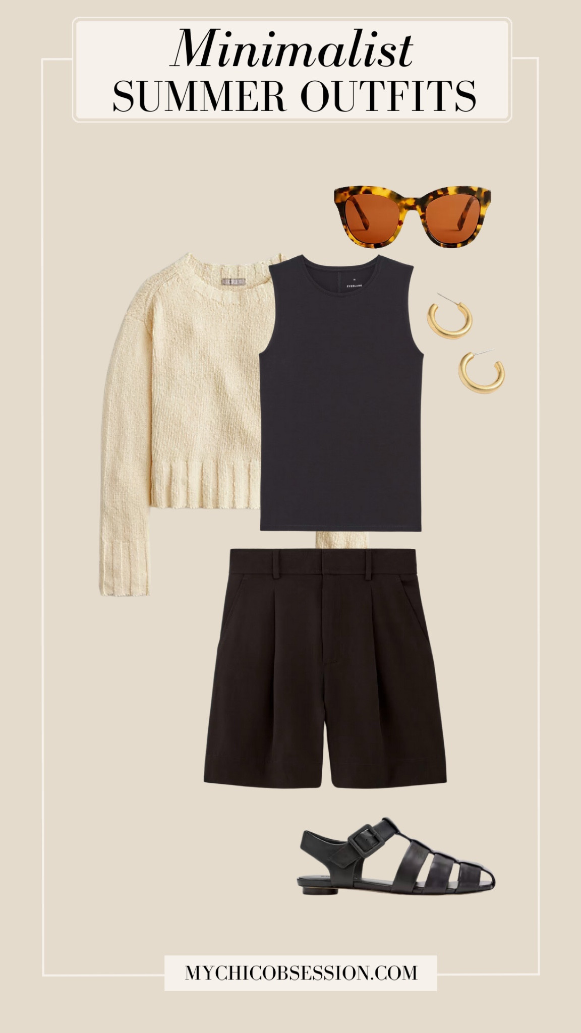 Style dress shorts for summer with a black tank, and a sweater tied over your shoulders. Accessorize with tortoiseshell sunglasses, fisherman sandals, and gold hoops.

#LTKSeasonal #LTKstyletip #LTKshoecrush