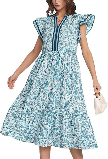 Women's Summer Floral Midi Dress Ruffle Cap Sleeve Striped Color Block V Neck Boho Flowy Beach Su... | Amazon (US)