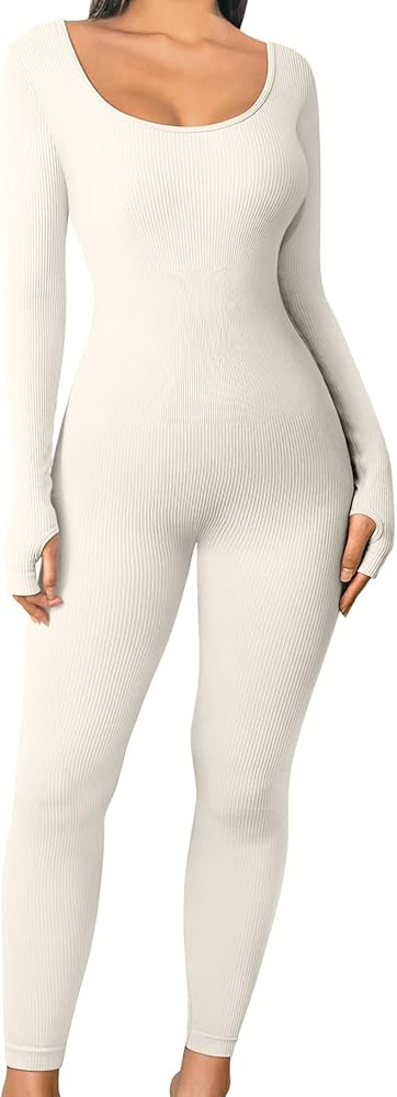 OQQ Women's Yoga Jumpsuits One Piece Ribbed Workout Rompers Long Sleeve Exercise Jumpsuits | Amazon (US)