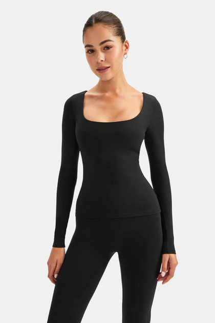 DAYFLEX BUILT-IN SUPPORT SCOOP NECK LONG SLEEVE TOP - SHADOW BLACK | TALA (UK)