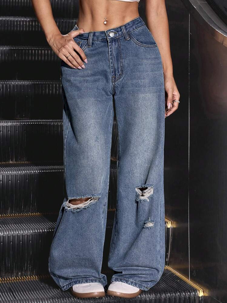 SHEIN Tall Button Fly Straight Leg Distressed Jeans With Pockets | SHEIN