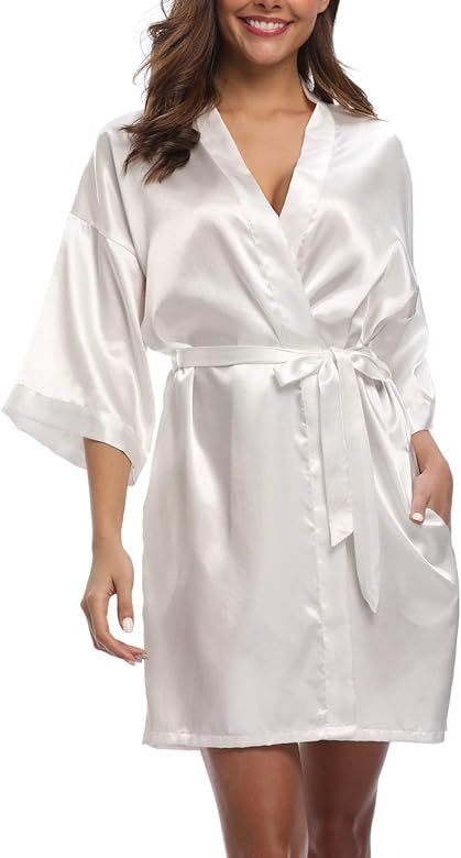 Old-Times Women's Pure Color Silk Kimono Short Robes for Bridesmaids and Bride | Amazon (US)