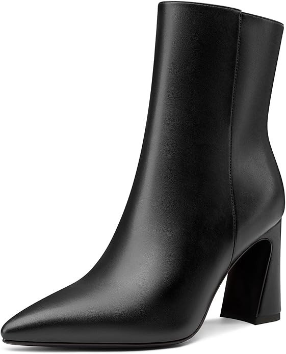 NobleOnly Mid Chunky Block Heel Close Pointed Toe Ankle Boots for Women Zipper Office Casual Dres... | Amazon (US)