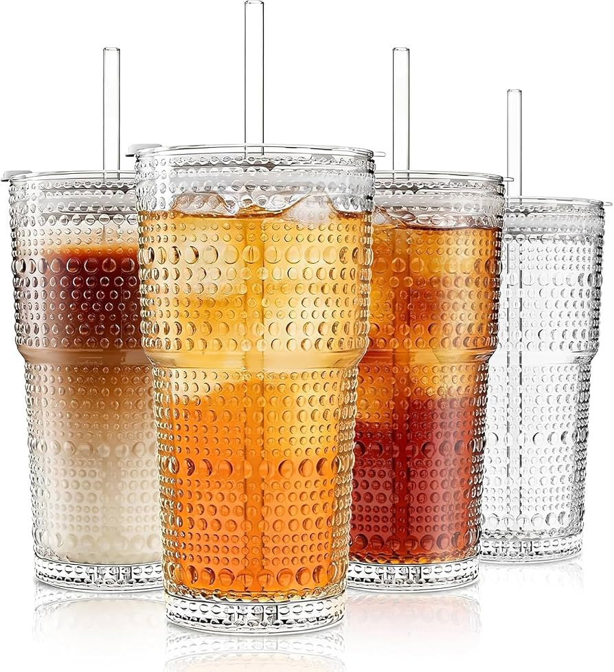 INSETLAN 20 oz Hobnail Glass Cups with Lids and Glass Straws \u2013 4 Pieces, Thick-Walled Glass ... | Amazon (US)