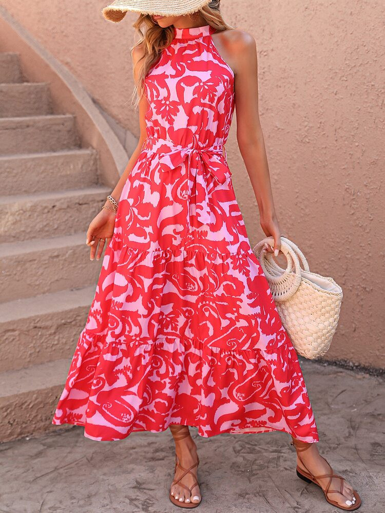 Allover Print Ruffle Hem Belted Halter Dress | SHEIN