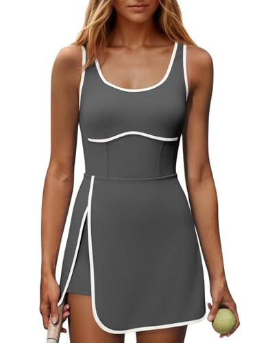 Fisoew Womens Workout Tennis Dress with Built-in Bra & Shorts Pockets Sleeveless Cutout Golf Athletic Mini Dresses Dark Grey | Amazon (US)