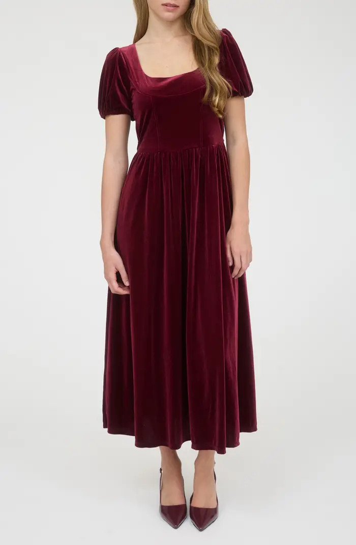 AUGUST SKY Puff Sleeve Velvet Fit & Flare Midi Dress | Nordstromrack | Nordstrom Rack