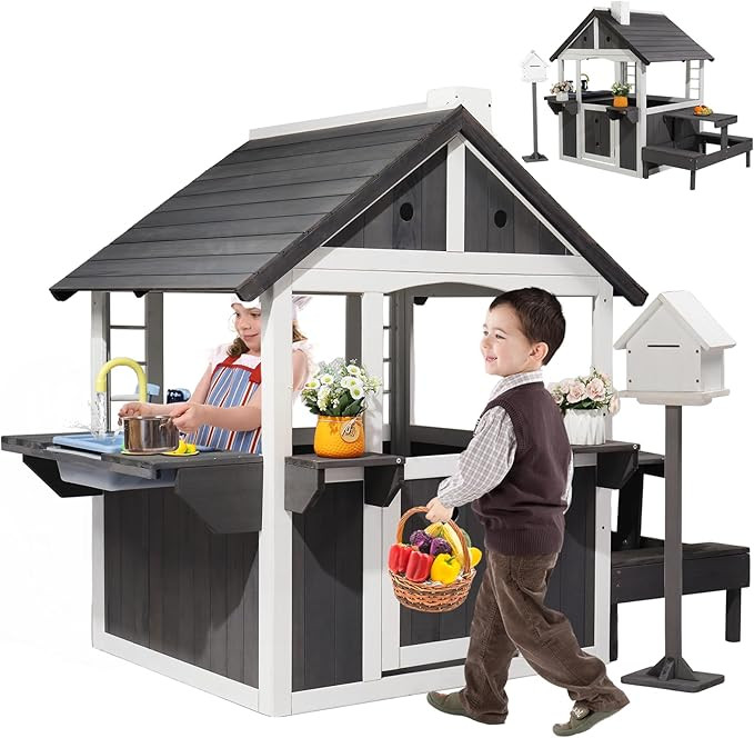 JOYMOR Kids Wooden Playhouse for Outdoor, Cottage with Sink, Picnic Table, Mailbox, Flowerpot Hol... | Amazon (US)