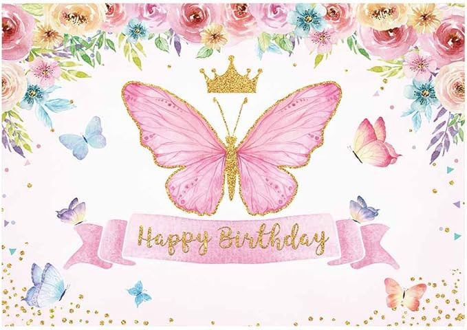 Funnytree Happy Birthday Butterfly Party Backdrop Baby Girls Fairy Princess Purple Pink Rose Flor... | Amazon (US)