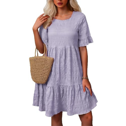 Women's Polka Smock Dress with Flounce Hem and Ruffle Sleeves for Casual Outings (Light Purple, XXL) | Amazon (US)
