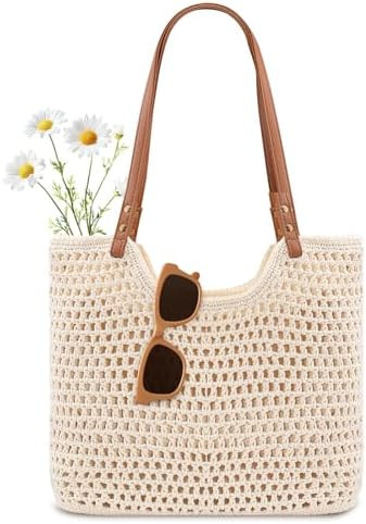 Peicees Crochet Beach Bag Purse, Boho Woven Tote with Leak-Proof Lining For Summer Vacation Trave... | Amazon (US)
