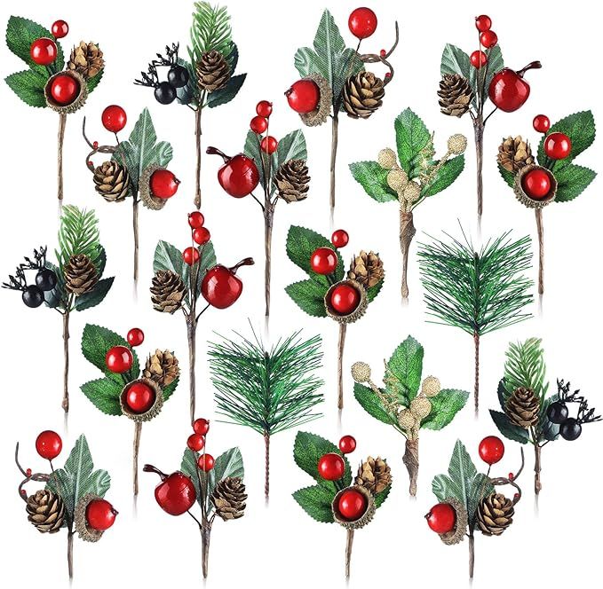 Janinka 28 Pcs Artificial Christmas Red Berry Picks Pine Cones Holly Berries Flower Stem Needles ... | Amazon (US)