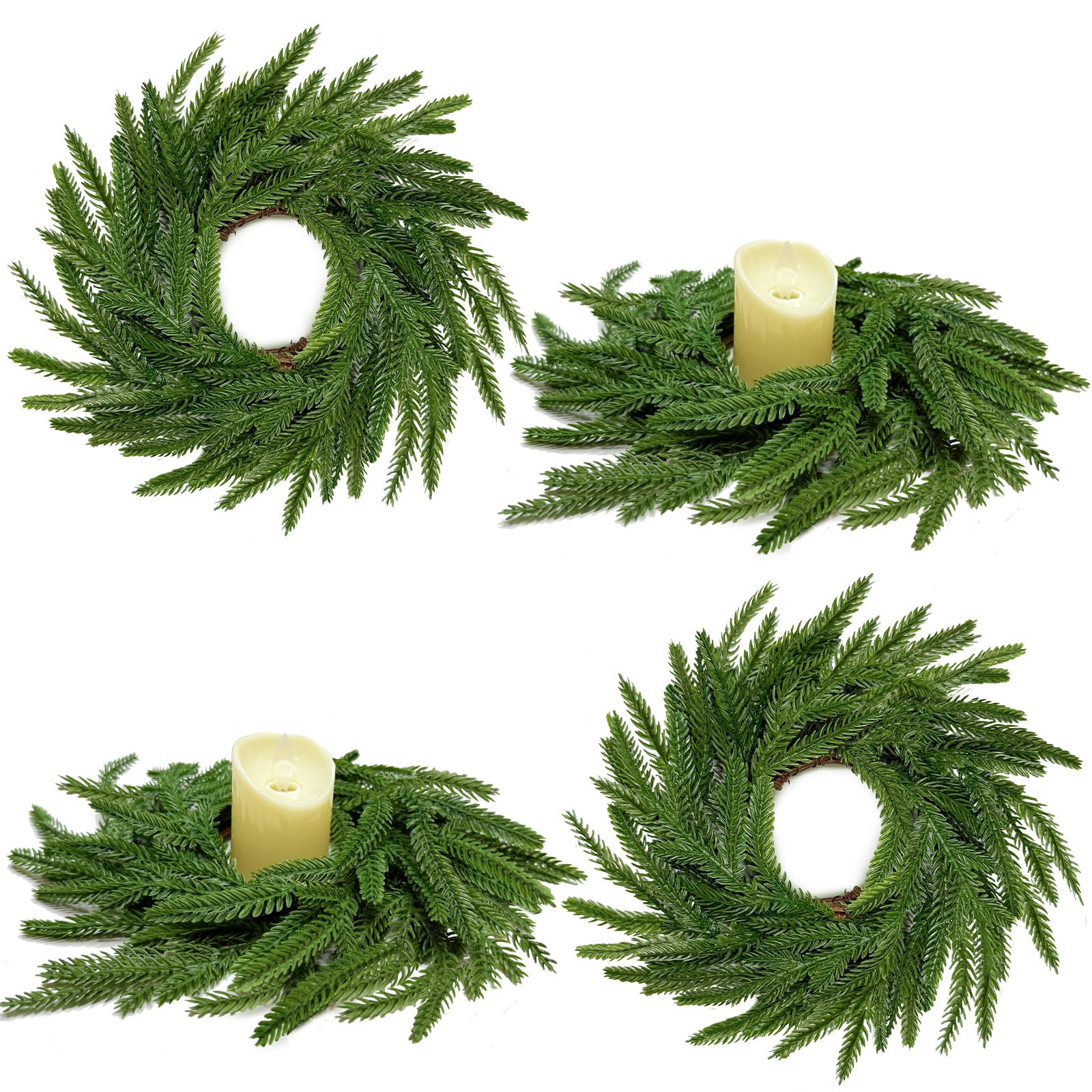 13.5 Inch Norfolk Pine Wreath Candle Rings, 4 Pcs Realistic Soft and Full Mini Christmas Wreath T... | Amazon (US)