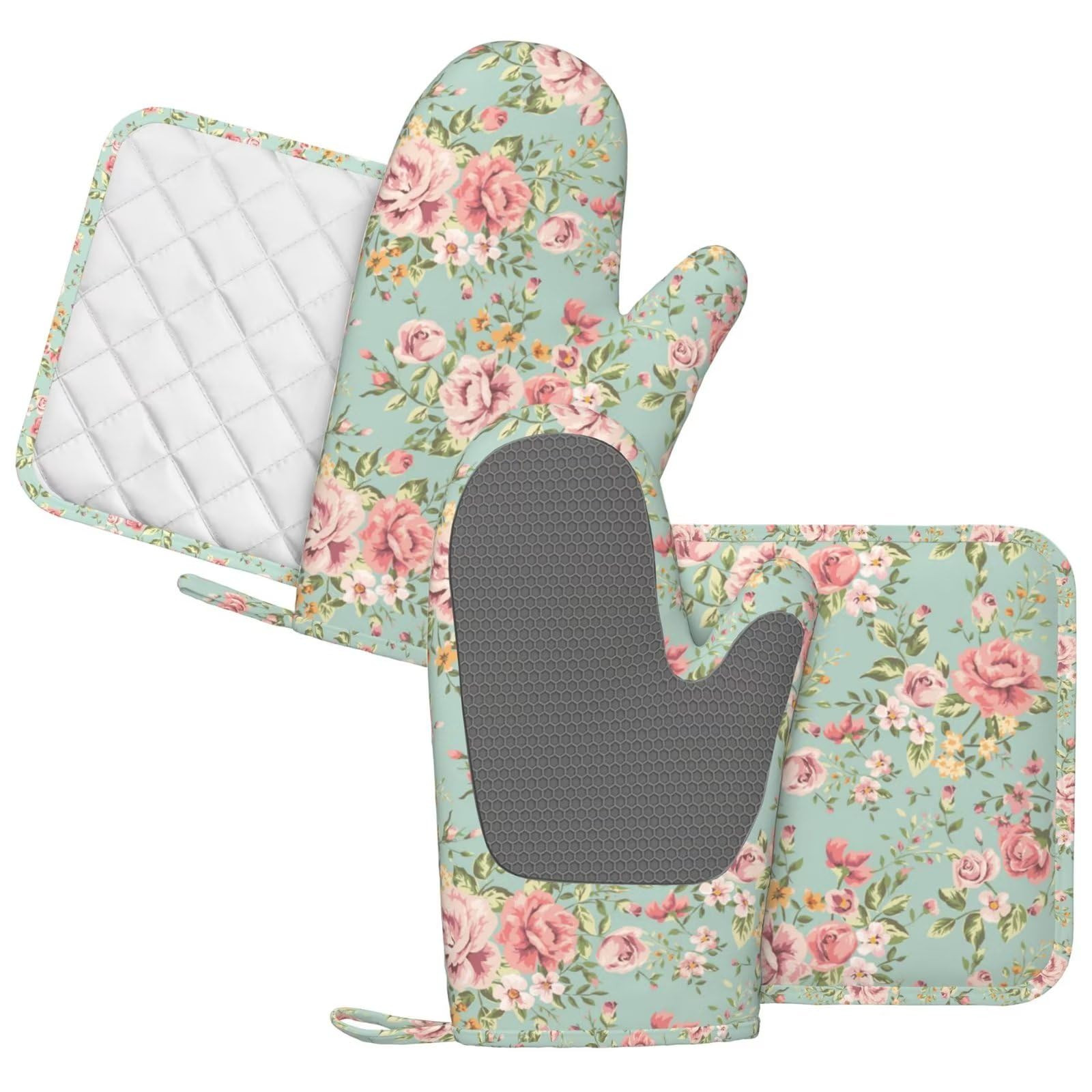 Pink Flower Oven Mitts Pot Holders Set Silicone Vintage Spring Romantic Bloom Floral and Leaf Gre... | Amazon (US)