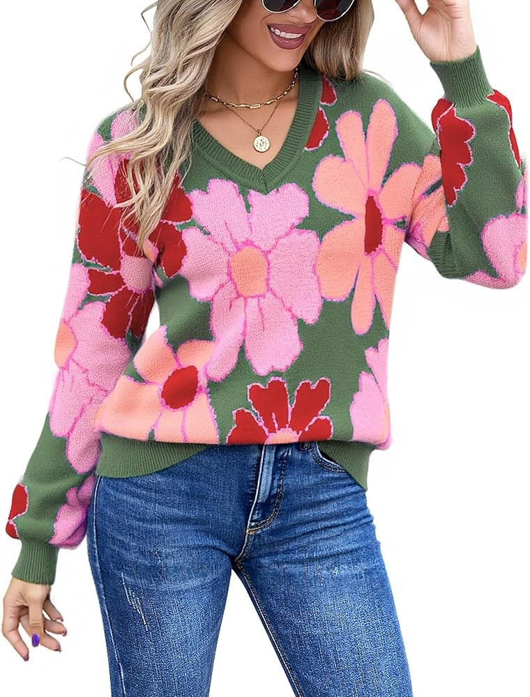 Angashion Womens Sweaters Flower Print - Crewneck Knitted Long Sleeve Sweaters Fall Winter Pullov... | Amazon (US)