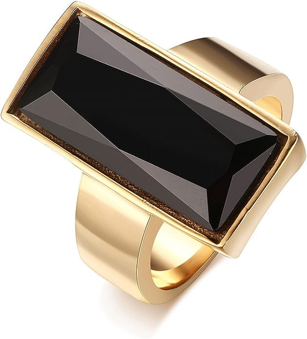 VNOX Stainless Steel Gold Plated Rectangular Black Glass Crystal Ring for Women | Amazon (US)