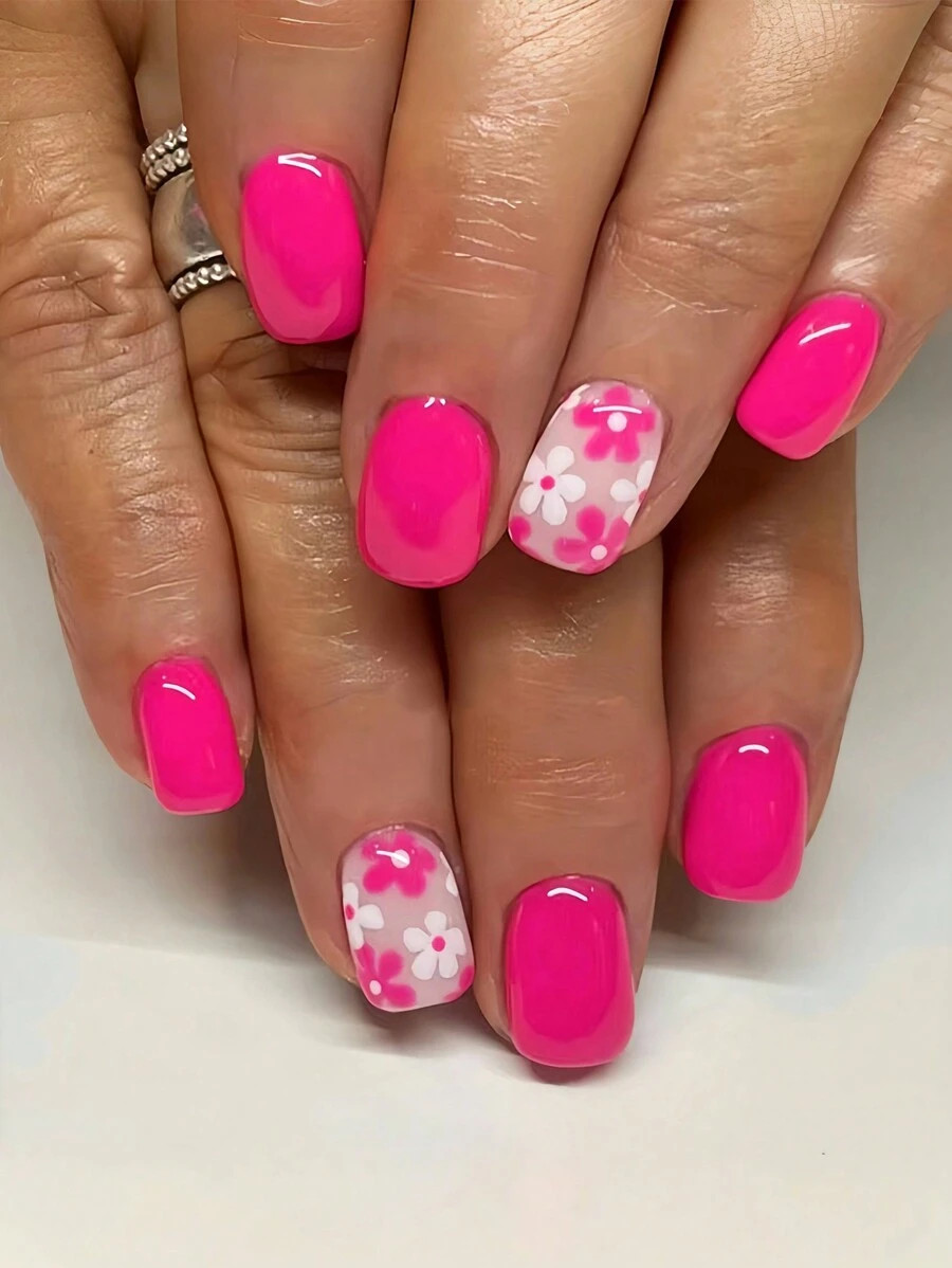 24pcs Short Square False Nails, Shiny Pink & White Floral Minimalist Design, Full Cover Removable... | SHEIN