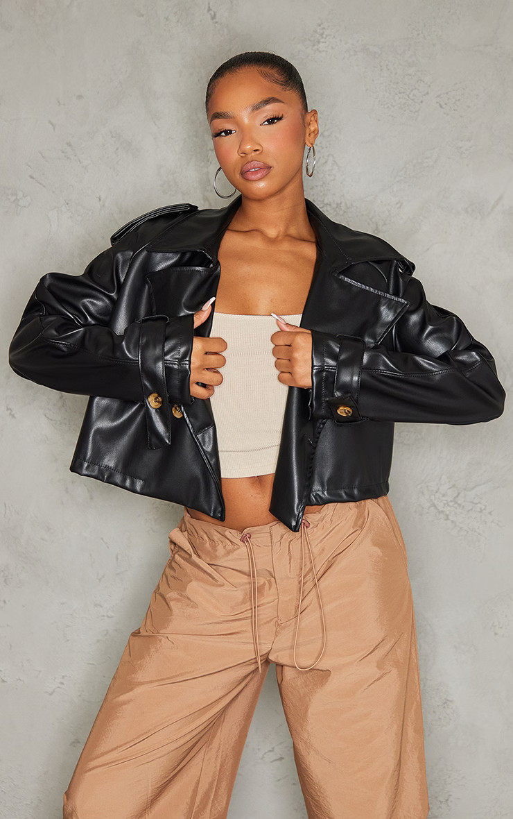 Black Faux Leather Cropped Trench | PrettyLittleThing US