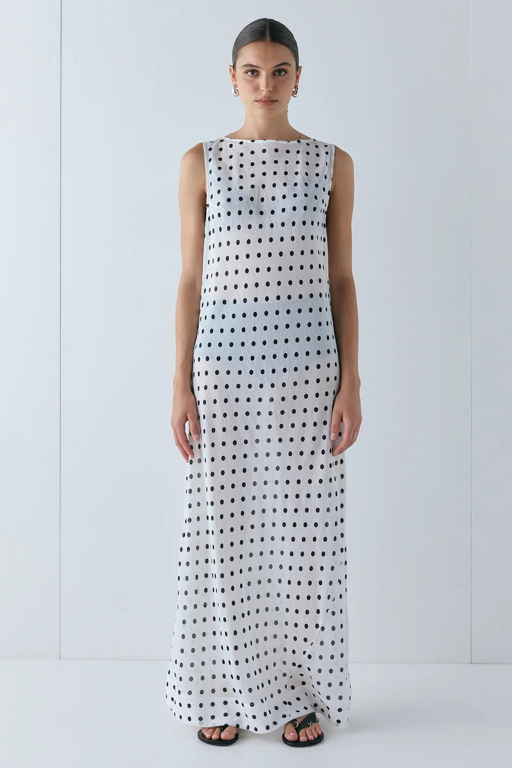 Ria Sheer Maxi Dress White Polka Dot | VRG Grl