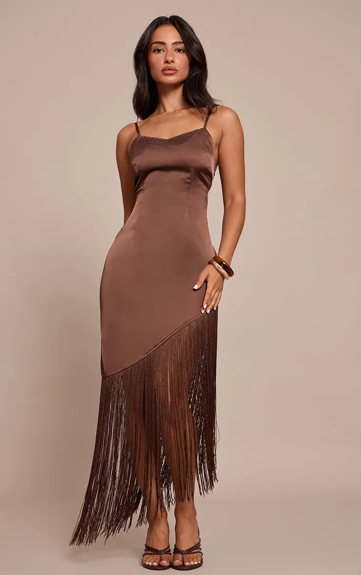 Petite  Chocolate Tassel Detail Satin Maxi Dress | PrettyLittleThing UK