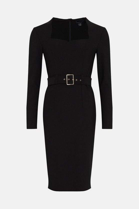 Scuba Crepe Belted Midi Pencil Dress | Karen Millen US