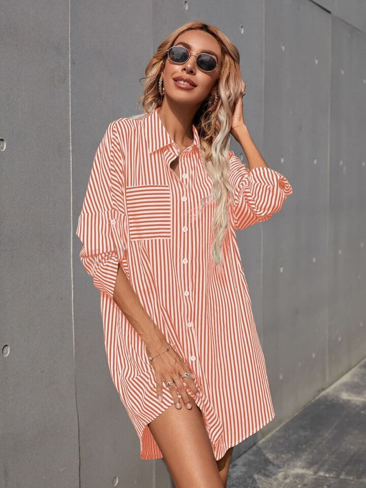 SHEIN Frenchy Striped Roll Up Sleeve Shirt Dress | SHEIN