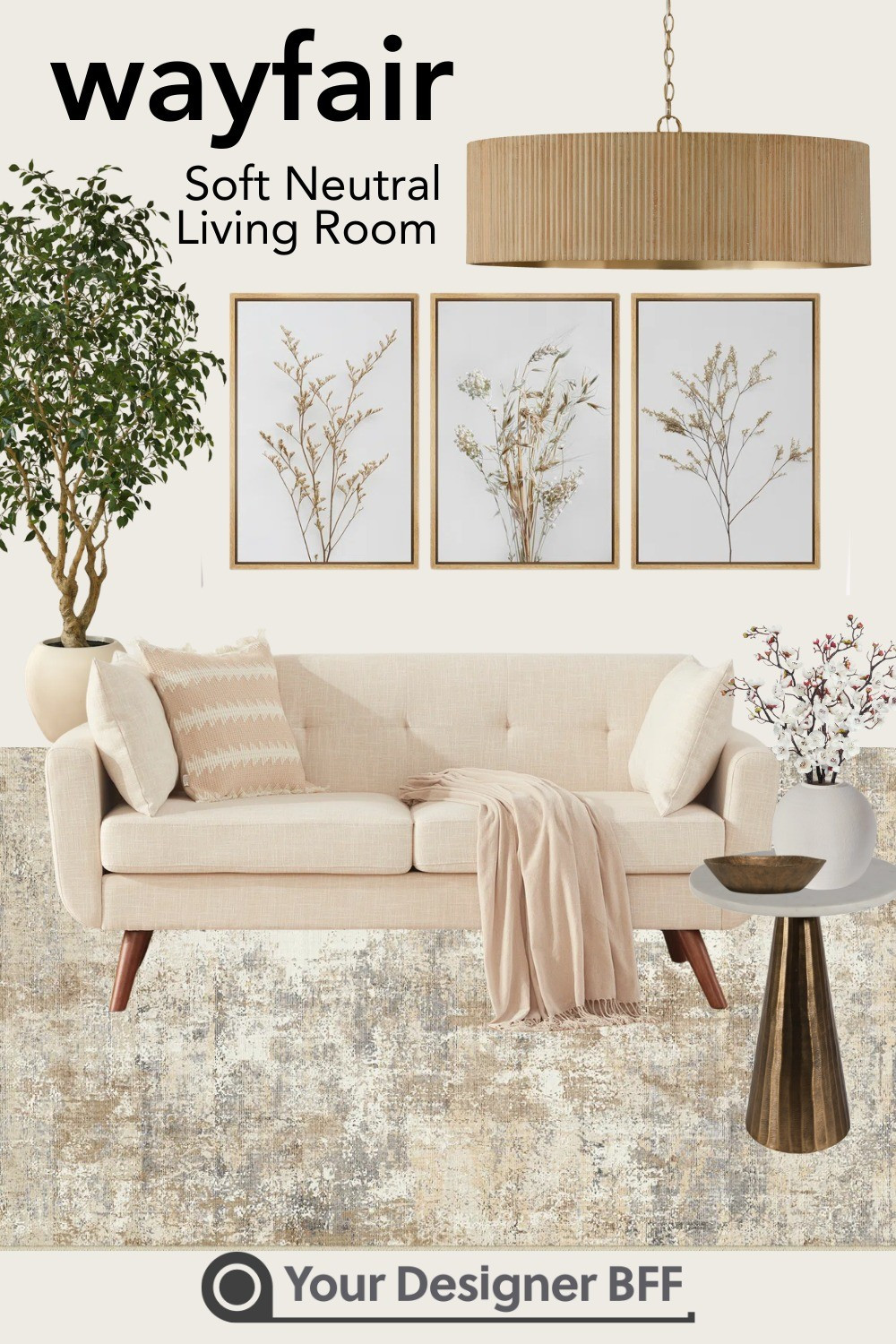 Create a calm, modern space with soft neutral tones, natural textures, and minimalist decor. This look features a cozy beige sofa, botanical wall art, a textured rug, and warm wood accents—perfect for a serene and stylish living room refresh.

#LTKHome