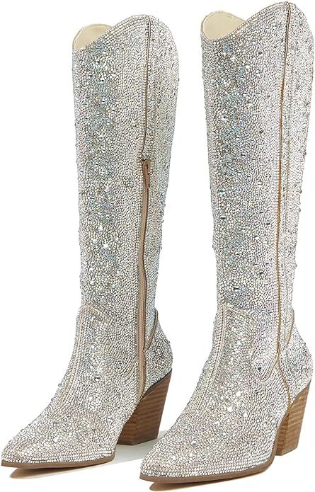 olomisa Women's Cowboy Rhinestone Boots Knee High Sparkly Boots Pointed Toe Pull On Design 6cm Ch... | Amazon (US)