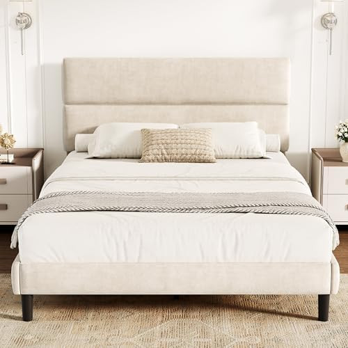 Queen Size Platform Bed Frame with Velvet Headboard, Adjustable Height Wooden Slats Support, Upho... | Amazon (US)