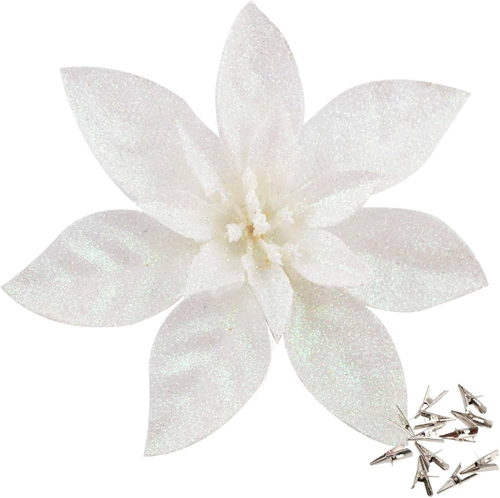 GL-Turelfies 12 Pcs Glitter Christmas Flowers(16cm/6.3’’) with 12 Pcs Clips Artificial Poinse... | Amazon (US)